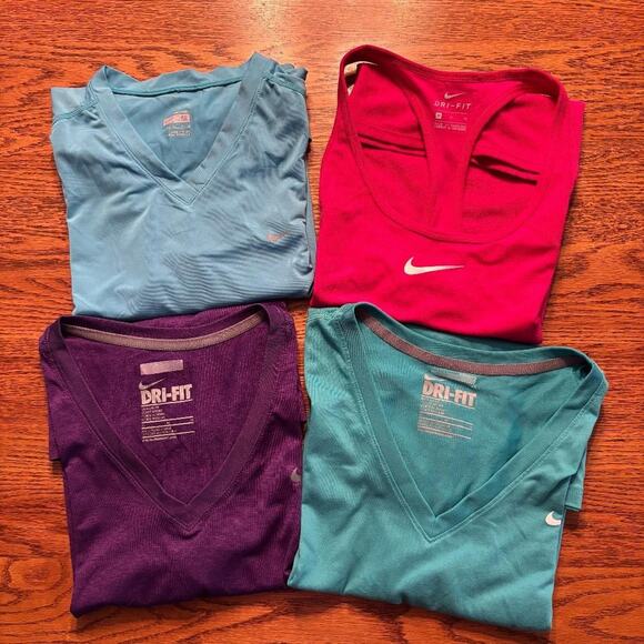 Nike Dri Fit Set of 4 Activewear Tops Purple, Blue, Blue, Pink Size M - Picture 1 of 16